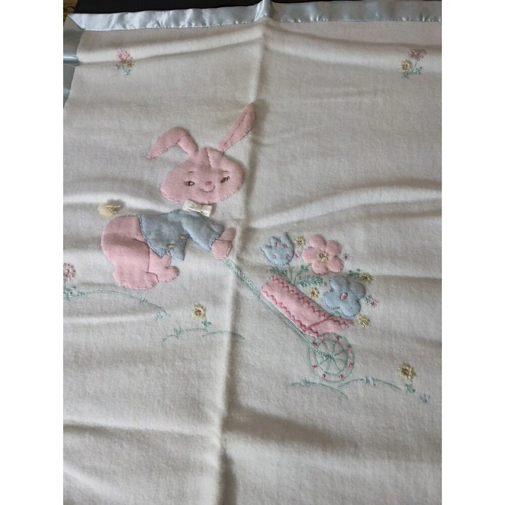 Vtg Hand Made Baby Blanket Bunny Rabbit Flower Satin Trim Applique Pink Blue